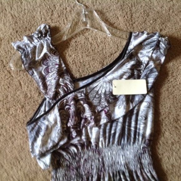 NWT RUFFLES! GRAY & BLACK PRINT DRESS SUNDRESS  S - Picture 2 of 5